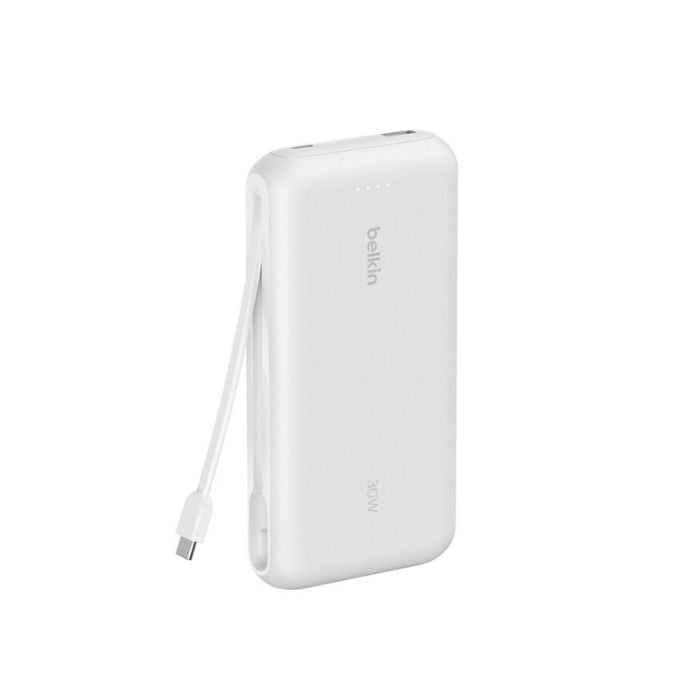 Belkin Boost Charge Power Bank 20000Mah, PD 30Watts with USB-C, Integrated Cable and USB-C & USB-A, White