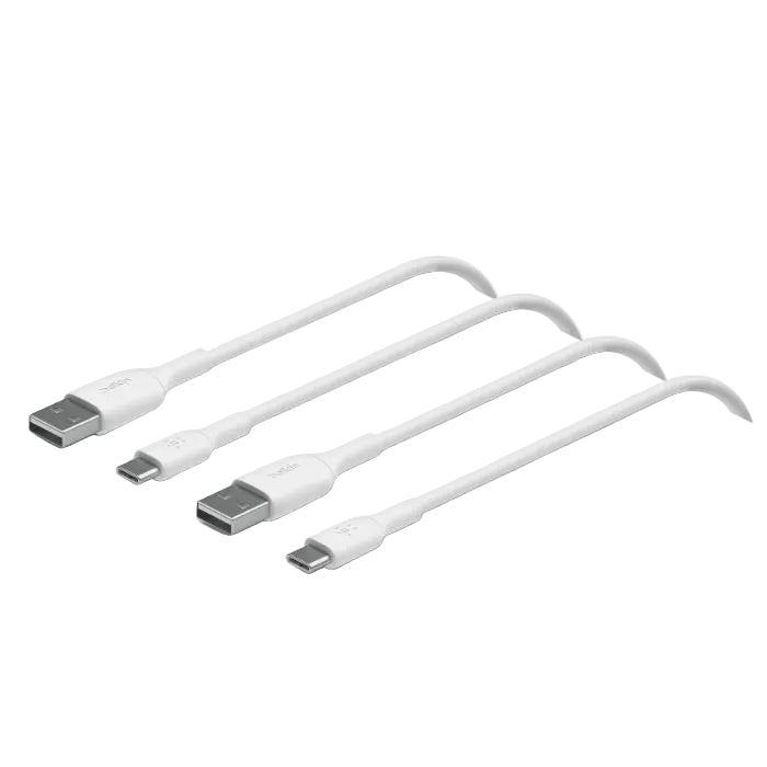 Three white USB cables with metallic connectors on a white background