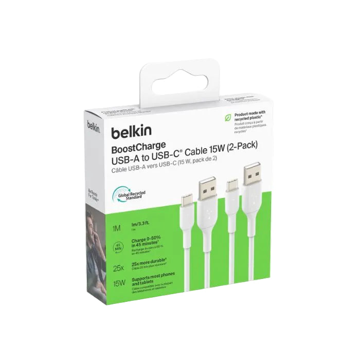 Belkin Boost Charge USB-C to USB-A, 1Mm, 2Pack, White Belkin Boost Charge USB-C to USB-A, 1Mm, 2Pack, White