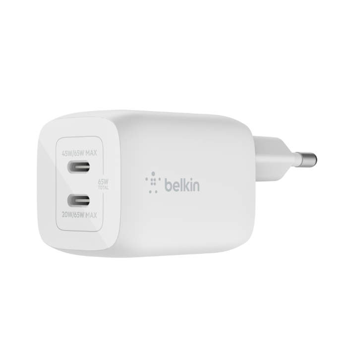 Belkin two-port USB charger on a white background