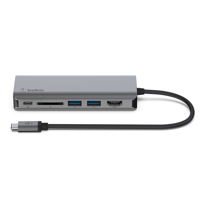 Belkin USB-C Multiport Adapter 6-in-1, 2 x USB A 3.0 (5Gpbs), 1 x HDMI 4k, GbE, 1 x USB, Grey