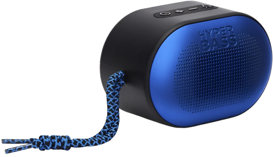 Aiwa portable speaker in blue color with a black top and a fabric strap, featuring control buttons on the top and a round shape.
