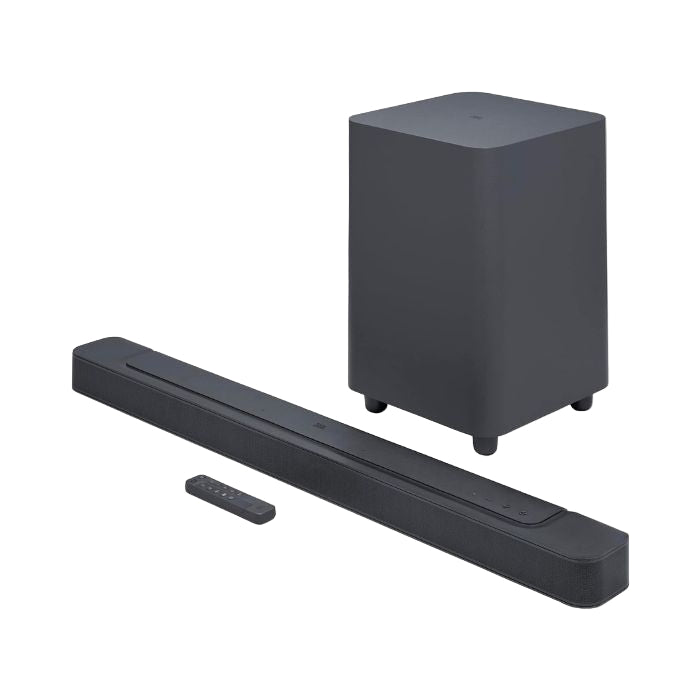 Black soundbar and subwoofer set on a white background