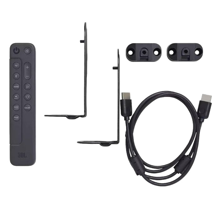 Set of electronic components including a remote control, cables, and connectors on a white background