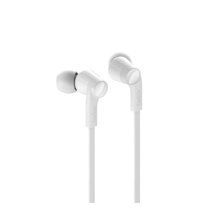 White in-ear headphones on a white background