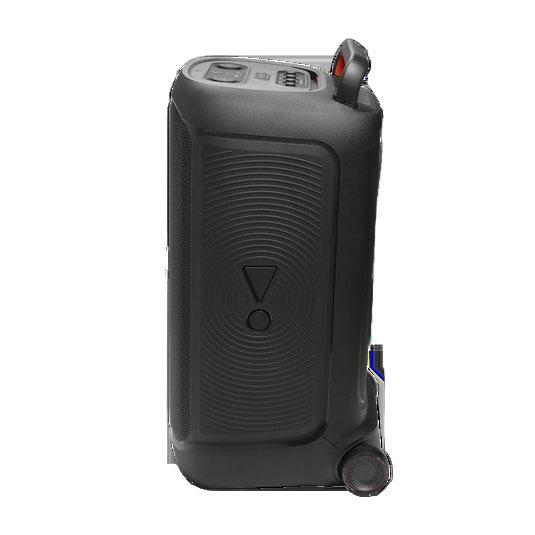 Black portable speaker with a prominent exclamation mark on a white background