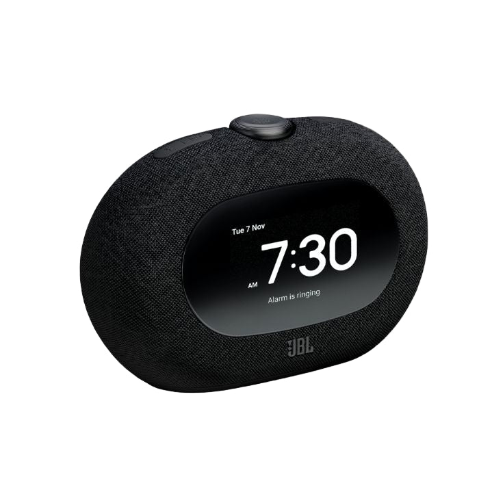Black JBL clock radio on a white background