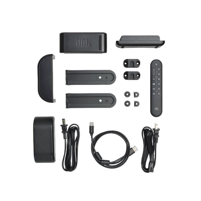 JBL audio system components including speaker, remote control, and cables on a white background