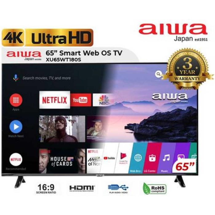 تلفزيون Aiwa LED 65 بوصة ذكي بنظام أندرويد، 4K، 3 منافذ HDMI، 2 منافذ USB، التحكم الصوتي، Netflix، Prime View