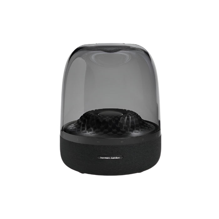 Black and transparent cylindrical speaker on a white background