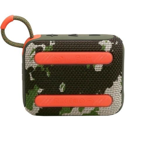 Camouflage-patterned portable speaker with orange accents on a white background