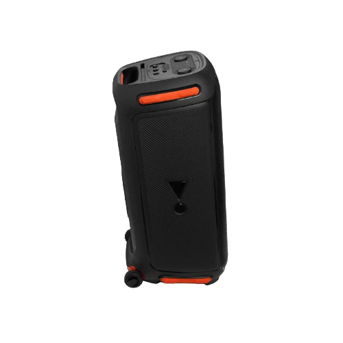 Black portable speaker with orange accents on a white background