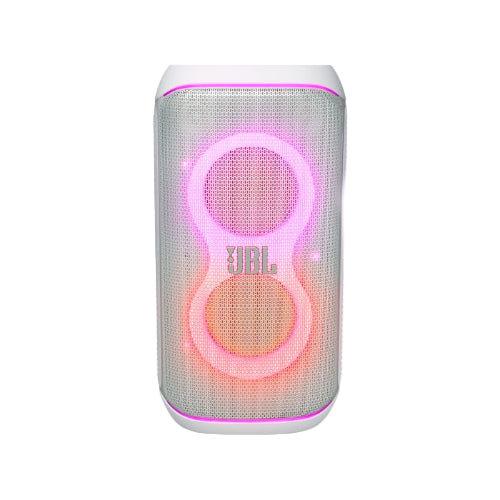 JBL PartyBox speaker with colorful lighting on a white background