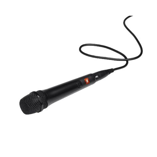 Black microphone with a cable on a white background
