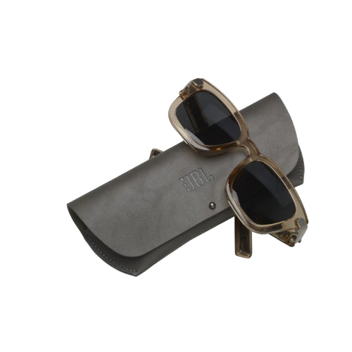 Sunglasses with a gray case on a white background