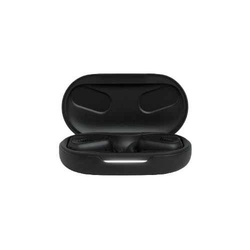 Black wireless earbuds in an open case on a white background