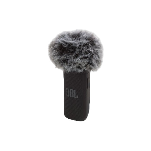 Black JBL microphone with gray fuzzy windscreen on a white background
