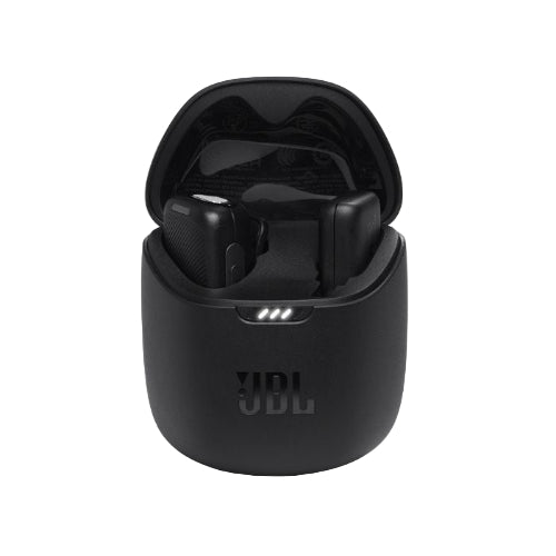 Black JBL wireless earbuds in charging case on a white background