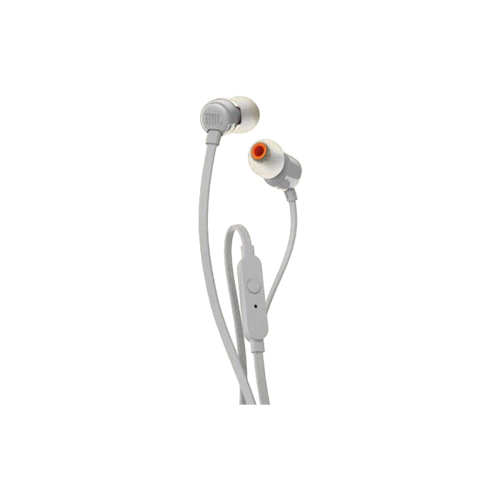 White earbuds with a gray cable on a white background