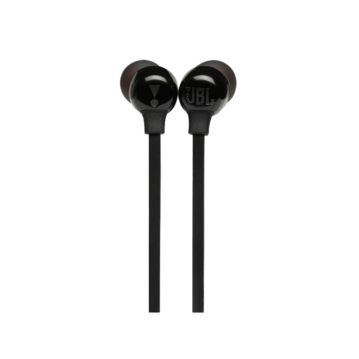 Black JBL earphones on a white background