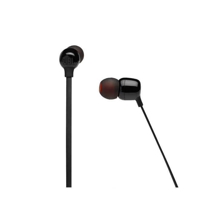 Black in-ear headphones on a white background