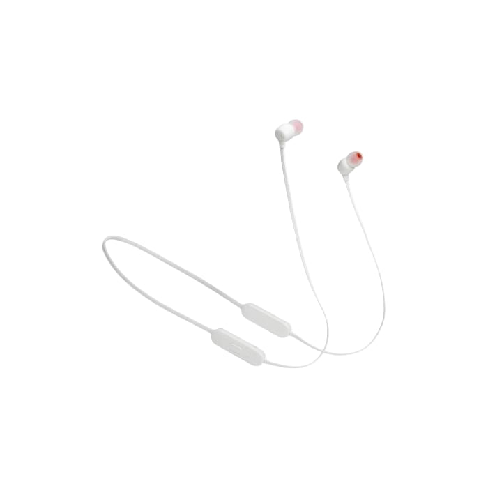 White wireless earbuds with a charging case on a white background