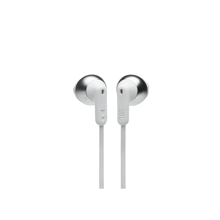 Pair of silver in-ear headphones on a white background