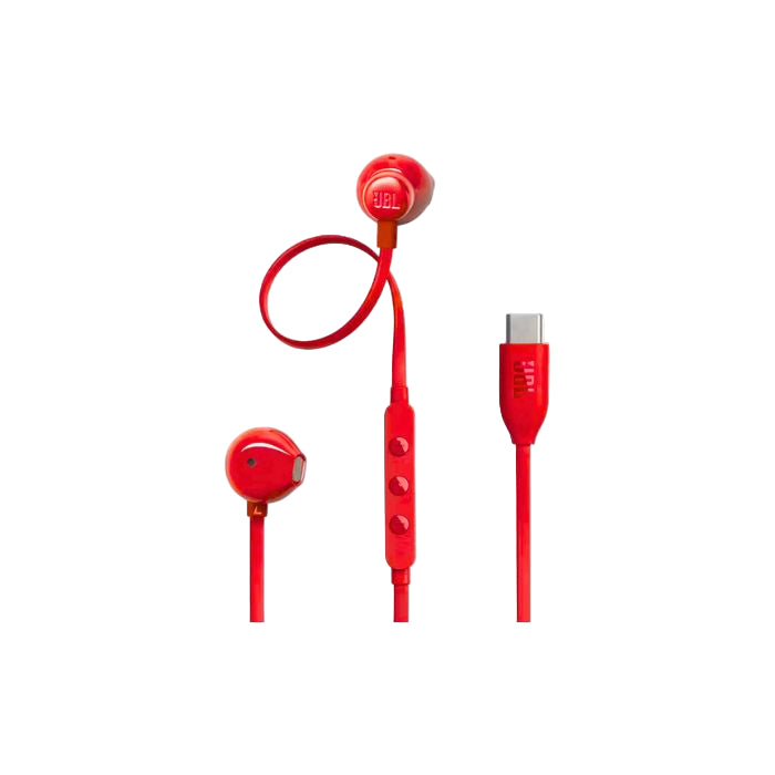 Red JBL earbuds with cable on a white background