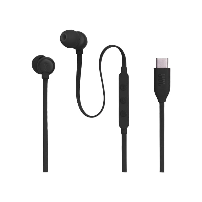 Black earbud headphones with cable and USB-C connector on a white background