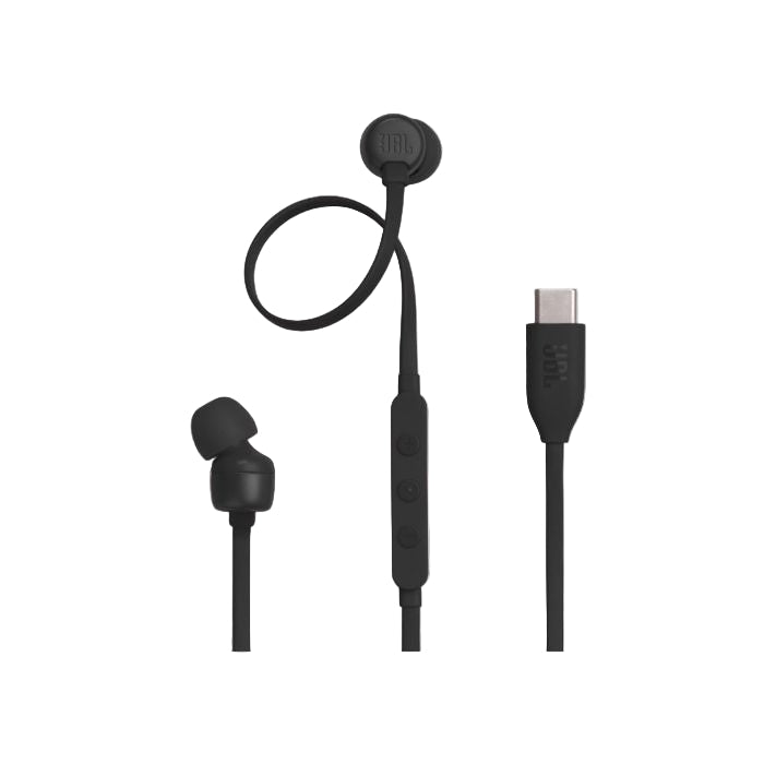 Black earbud headphones with USB-C connector on a white background