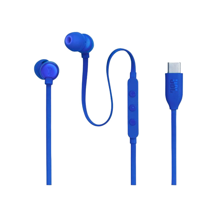Blue earbuds with a cable and USB-C connector on a white background