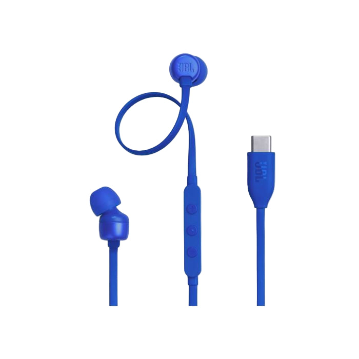 Blue earbuds with a USB-C connector on a white background
