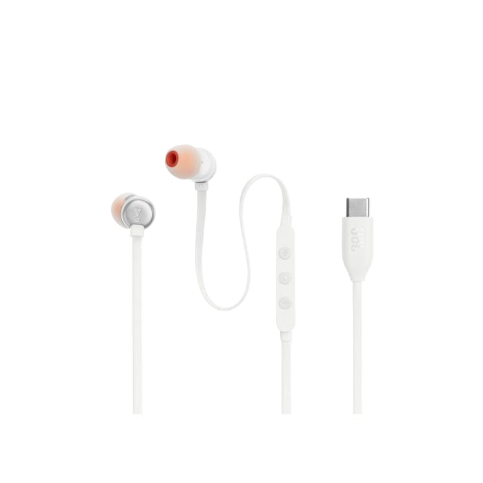White earbuds with a USB-C connector on a white background
