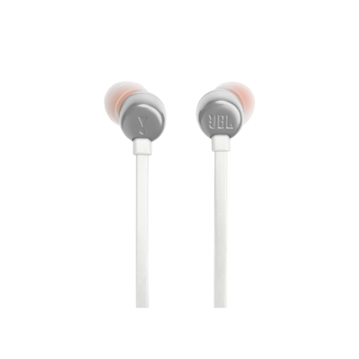 Pair of JBL earbuds on a white background