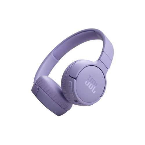 Purple headphones with JBL logo on a white background