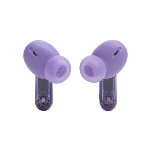 Purple wireless earbuds with charging case on a white background