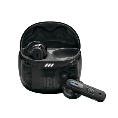 Black JBL wireless earbuds with charging case on a white background
