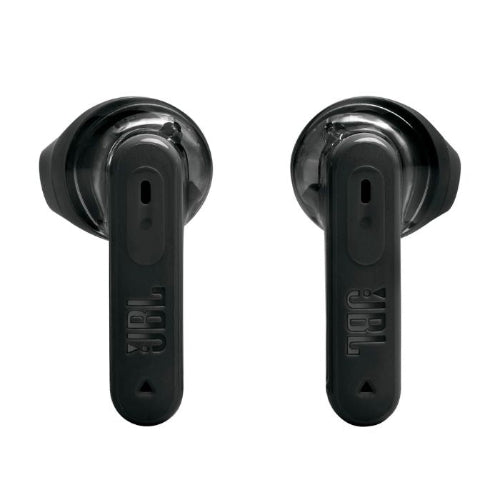 Black JBL wireless earbuds on a white background