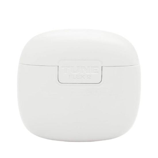 White wireless earbuds case with 'JLab' branding on a white background