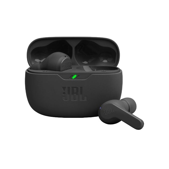Black JBL wireless earbuds with charging case on a white background
