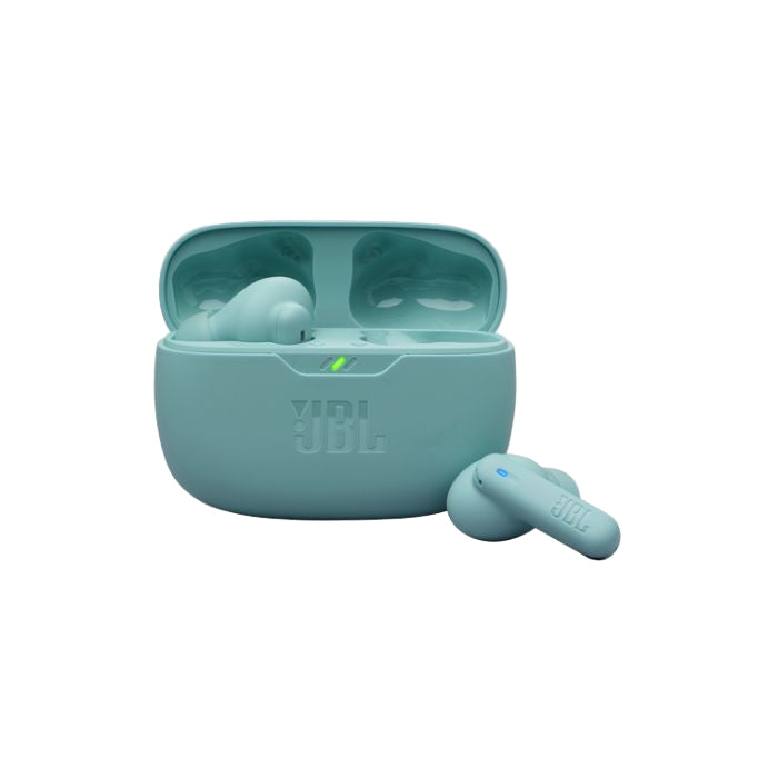 Teal JBL wireless earbuds with charging case on a white background