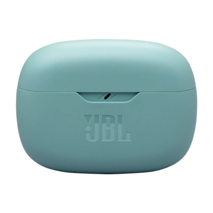 Teal JBL wireless earbuds case on a white background