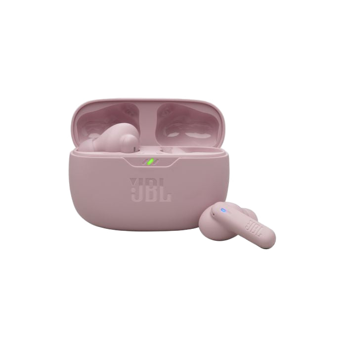 Pink JBL wireless earbuds with charging case on a white background