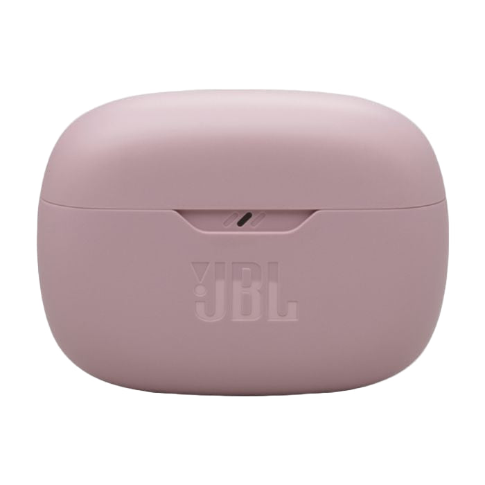 Pink JBL wireless earbuds case on a white background