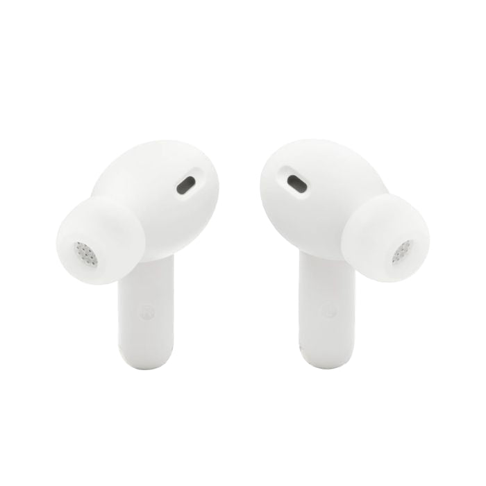 White wireless earbuds on a white background