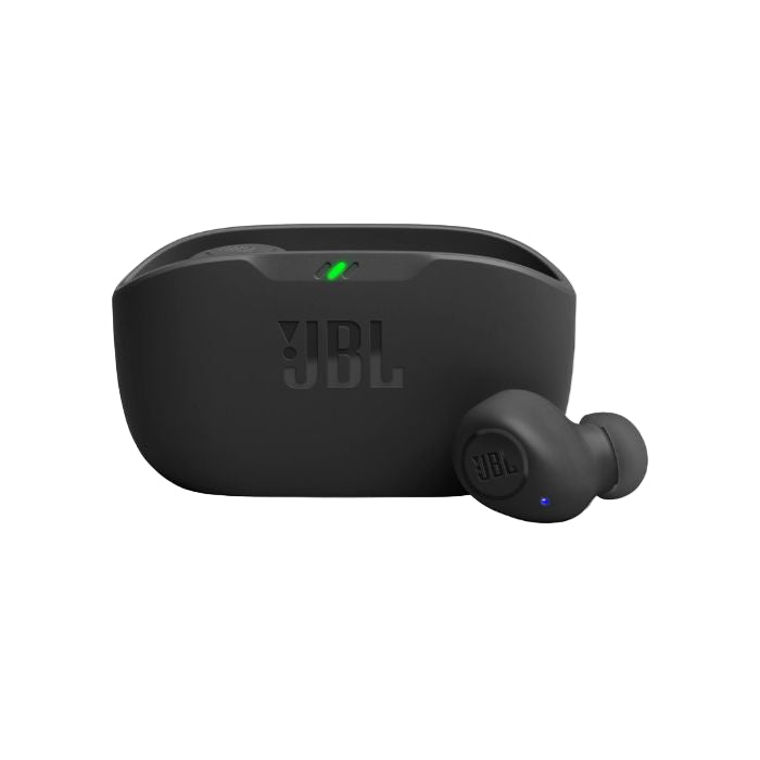 Black JBL wireless earbuds with charging case on a white background