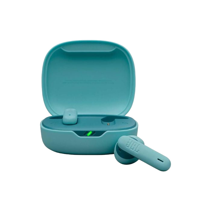 Teal wireless earbuds in a matching case on a white background