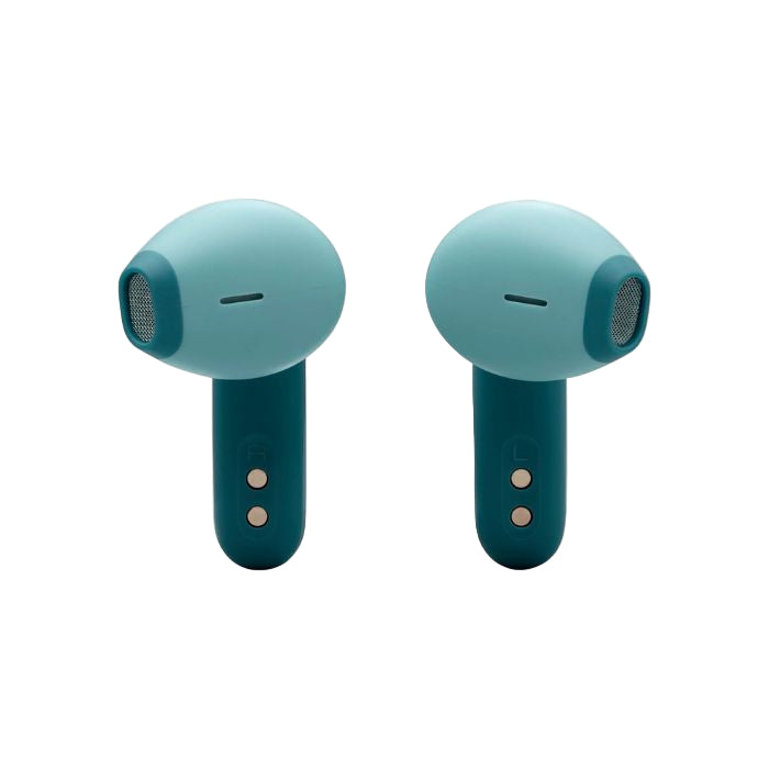 Pair of teal wireless earbuds on a white background