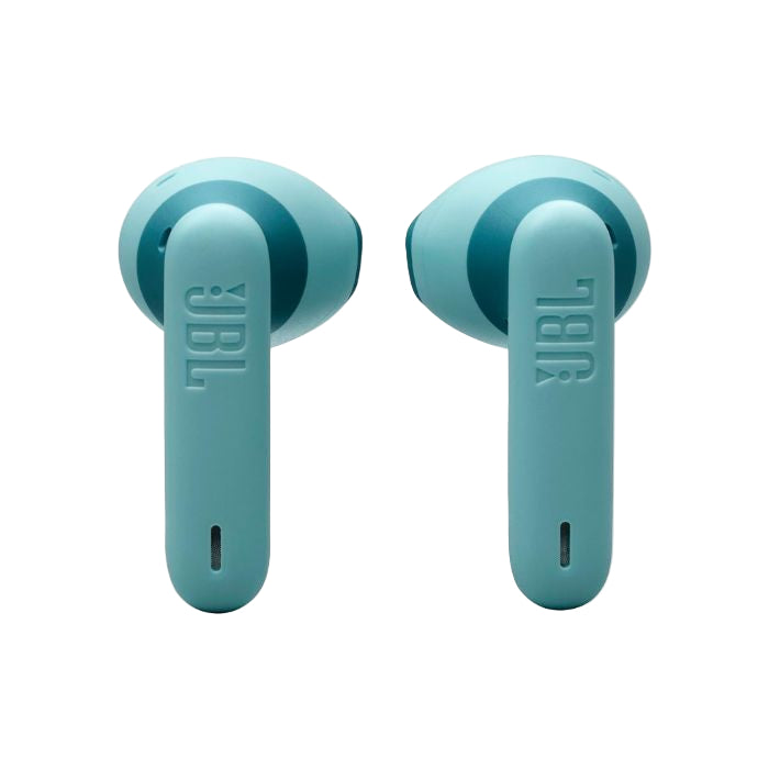 Pair of JBL wireless earbuds on a white background