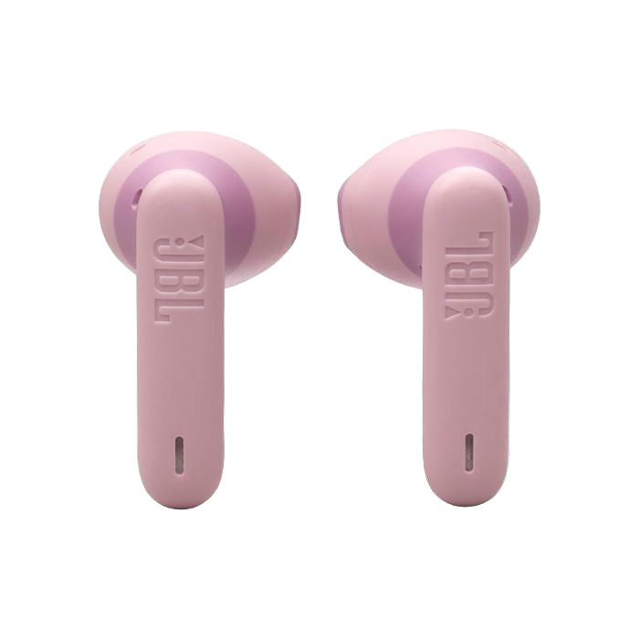 Pink JBL wireless earbuds on a white background